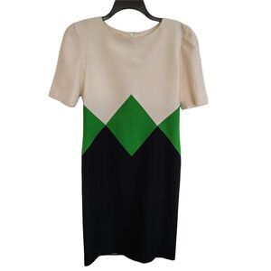Richard Warren 100% Silk Dress Color Block Cream Green Navy Size 4 Hong Kong